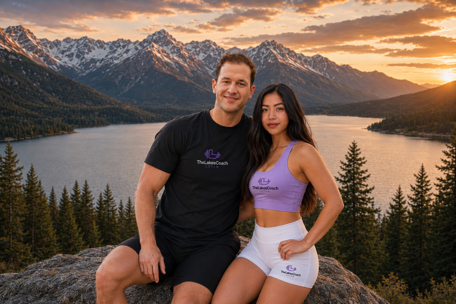 sunset mountain lake branded image